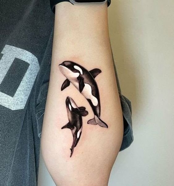 Hình xăm cá voi sát thủ trên tay, phong cách blackwork chi tiết, độ phân giải HD.