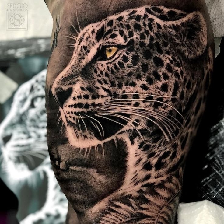 Hình xăm báo trên tay, phong cách blackwork chi tiết, độ phân giải HD.