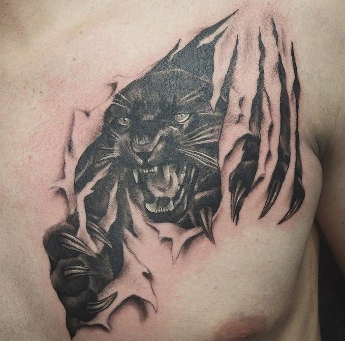Hình xăm báo đen trên ngực phong cách blackwork, chi tiết, độ phân giải HD.