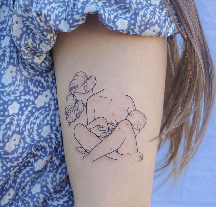 Hình xăm tối giản trên tay, chủ đề mẹ con, phong cách blackwork, độ chi tiết cao, ảnh HD.