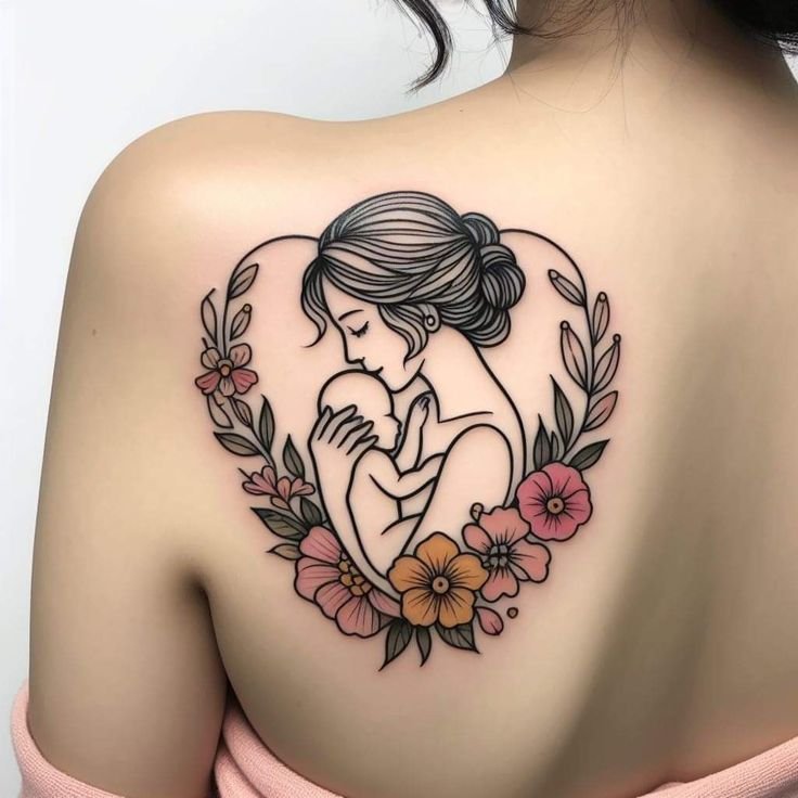 Hình xăm mẹ ôm con với hoa, vị trí lưng, phong cách màu sắc chi tiết, độ phân giải HD.
