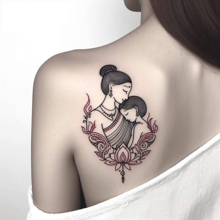 Hình xăm mẹ con trên lưng, phong cách blackwork, chi tiết tinh tế, độ phân giải HD.