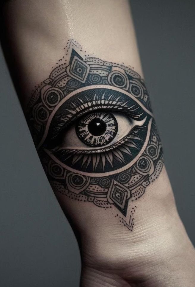 Hình xăm mắt phong cách blackwork trên cánh tay, chi tiết tinh xảo, độ phân giải HD.
