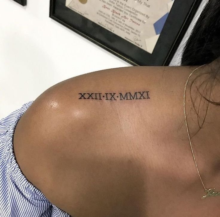 điểm nhấn trên vai với hình xăm số La Mã Hình xăm chữ số La Mã trên vai, phong cách tối giản, hình ảnh độ phân giải HD.