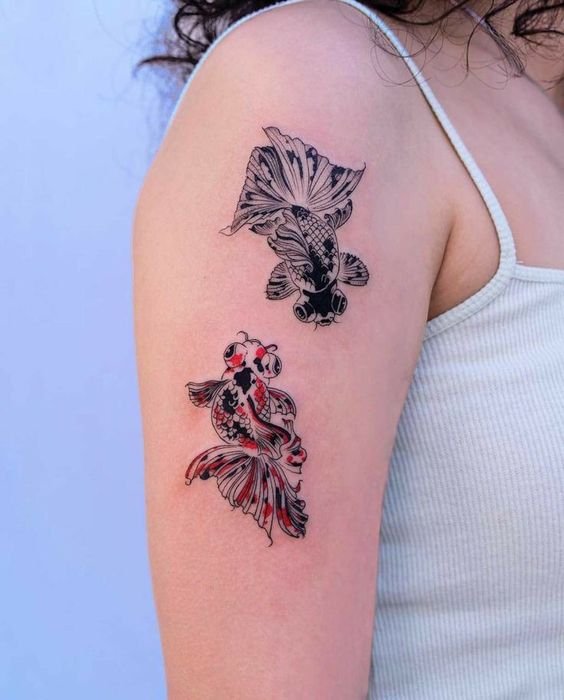 Hình xăm cá koi đen đỏ trên bắp tay, phong cách blackwork, chi tiết rõ nét, ảnh HD.