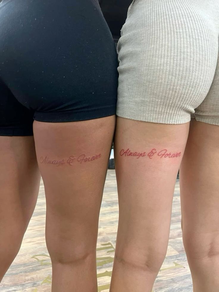 Hình xăm chữ "Always & Forever" trên đùi, phong cách chữ viết tay, chi tiết rõ nét, ảnh 1080x1920.