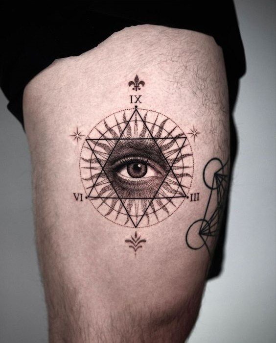 Hình xăm con mắt trên đùi, phong cách blackwork chi tiết, độ phân giải HD.