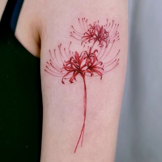 Hình xăm hoa đỏ trên cánh tay, phong cách màu nước, chi tiết tinh tế, độ phân giải HD.