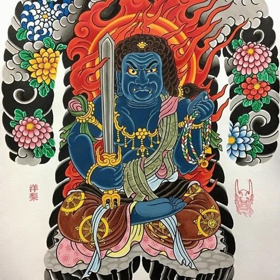 Hình xăm Phật giận dữ phong cách Nhật, màu sắc rực rỡ, chi tiết trên lưng. Độ phân giải cao.