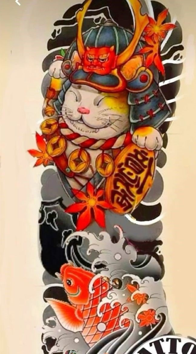 Phác thảo hình xăm mèo samurai cùng cá chép Hình xăm mèo samurai và cá chép, phong cách Nhật Bản, chi tiết sống động, độ phân giải HD, trên cánh tay.