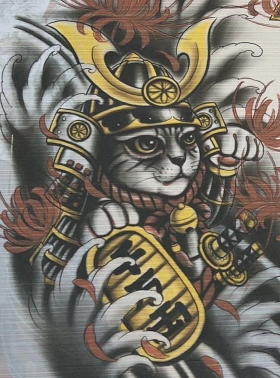 Phác thảo hình xăm mèo thần tài hóa thành samurai Hình xăm mèo samurai, phong cách cổ điển, chi tiết, độ phân giải HD, vị trí chưa xác định.