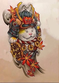 Phác thảo ý tưởng mèo thần tài hóa samurai Hình xăm mèo samurai màu sắc, phong cách Nhật Bản chi tiết, vị trí cánh tay, độ phân giải HD.