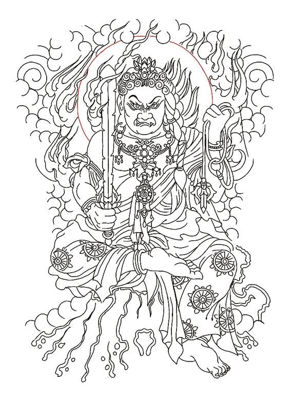 Hình xăm Phật hộ mệnh, phong cách blackwork chi tiết, chất lượng HD, phù hợp cho lưng hoặc tay.