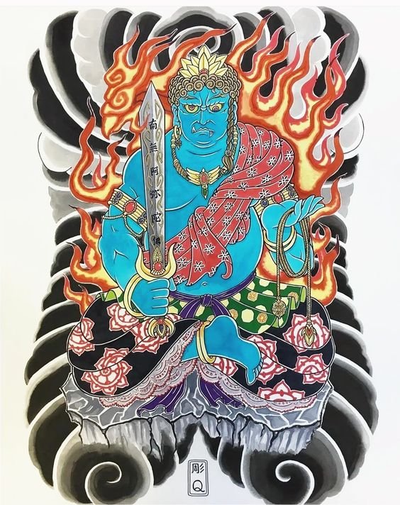 Hình xăm Phật màu sắc, phong cách truyền thống, chi tiết, trên nền 4K.