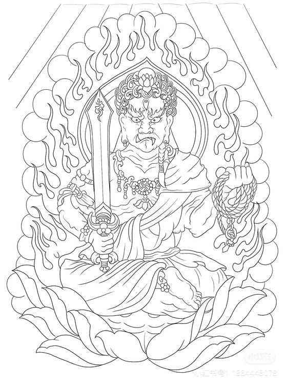 Hình xăm Phật Fudo Myoo chi tiết, phong cách blackwork, vị trí lưng, độ phân giải HD.