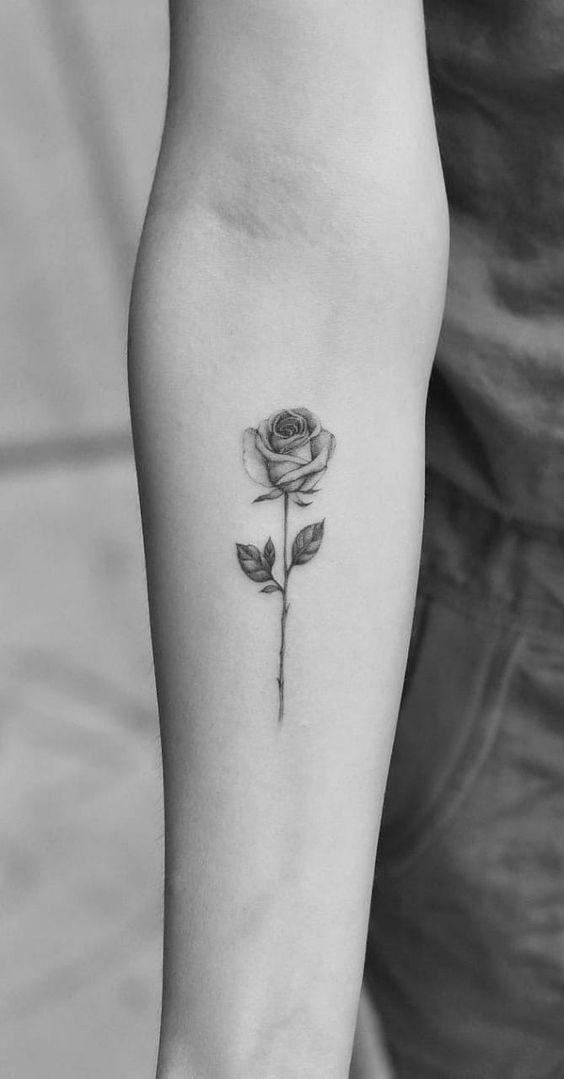 Hình xăm hoa hồng đen nhỏ nổi bật trên cánh tay Hình xăm hoa hồng mini trên cánh tay, phong cách blackwork, chi tiết rõ nét, ảnh độ phân giải HD.