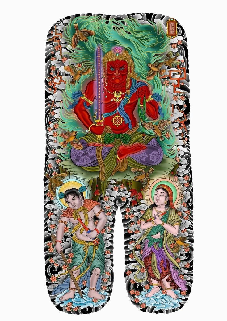 Hình xăm Phật giáo chi tiết trên lưng, phong cách cổ điển, màu sắc nổi bật, độ phân giải HD.
